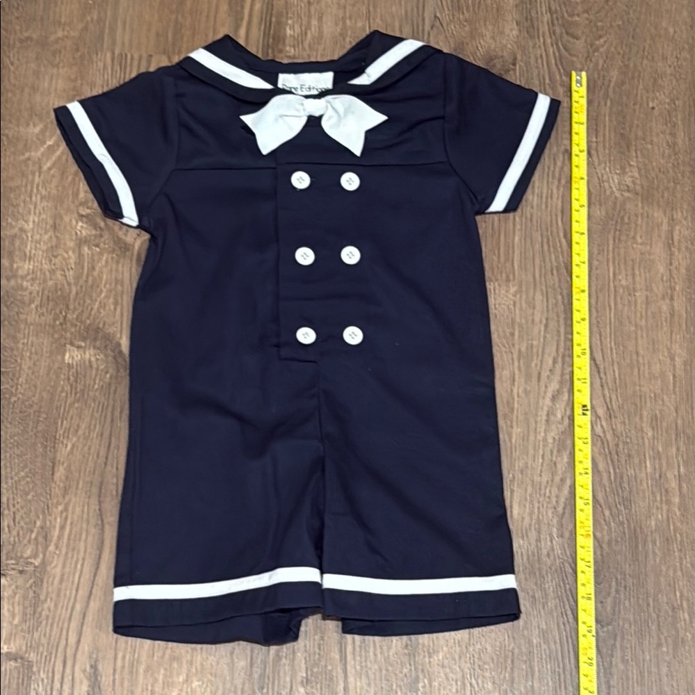 Rare Editions Navy Romper with White Bow